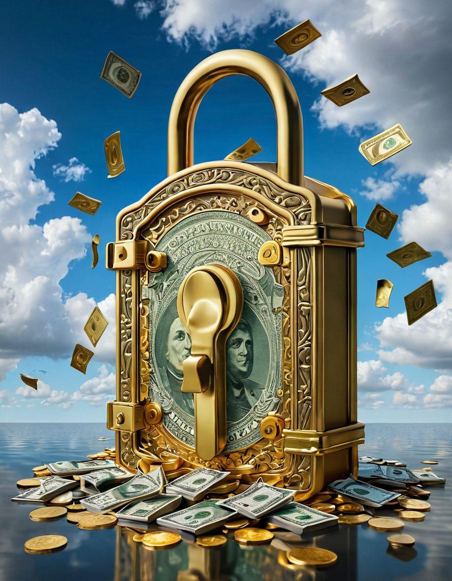 A visual metaphor of a large, ornate lock being opened with golden coins and dollar bills pouring out, symbolizing financial literacy and success. Include a path made of banknotes leading towards a bright horizon to signify the journey to effective money management. Surround the scene with books and digital devices representing learning and modern finance tools. vibrant colors. super-realistic.