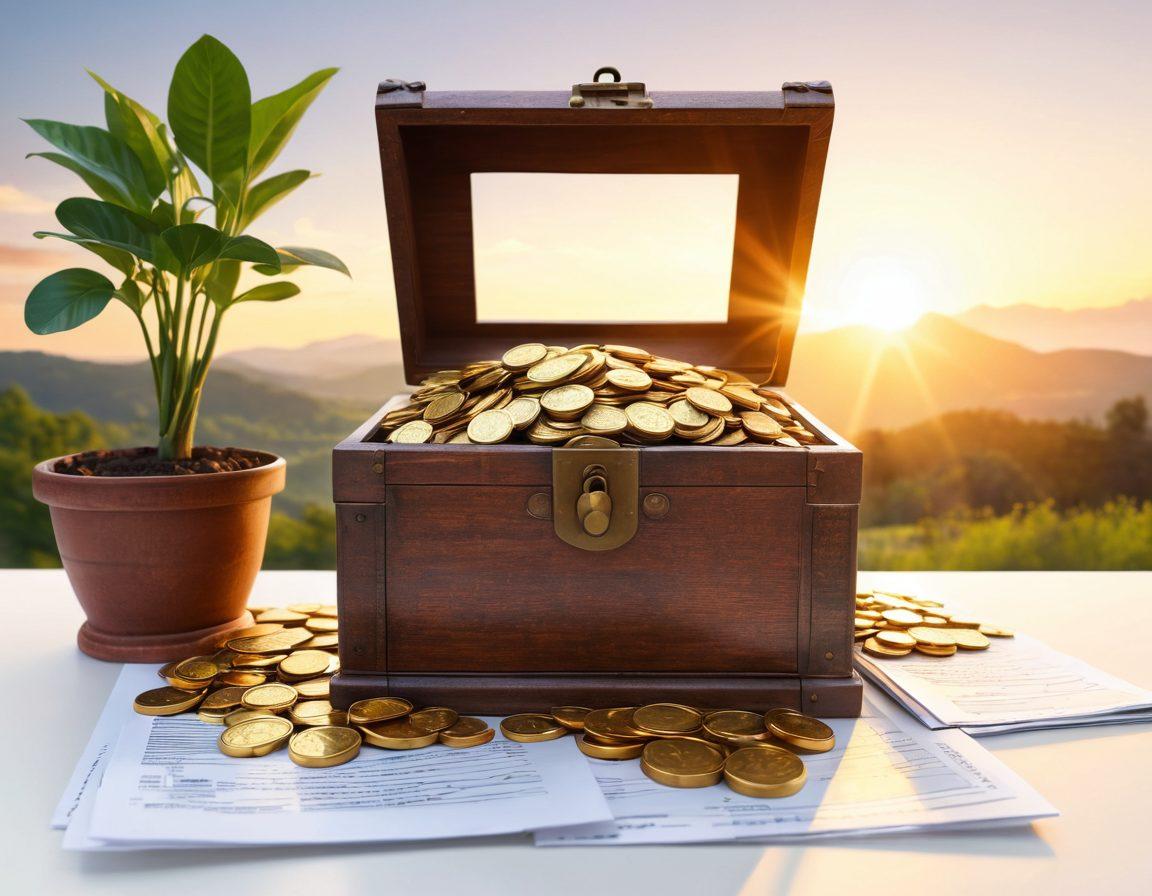 A serene scene depicting an open treasure chest overflowing with gold coins and financial documents, symbolizing wealth and freedom. In the background, a sun rising over a tranquil landscape represents new beginnings and opportunities. Incorporate elements like a calculator and a plant growing from coins to signify growth and investment. Bright colors with a hopeful, uplifting atmosphere. super-realistic. vibrant colors. white background.